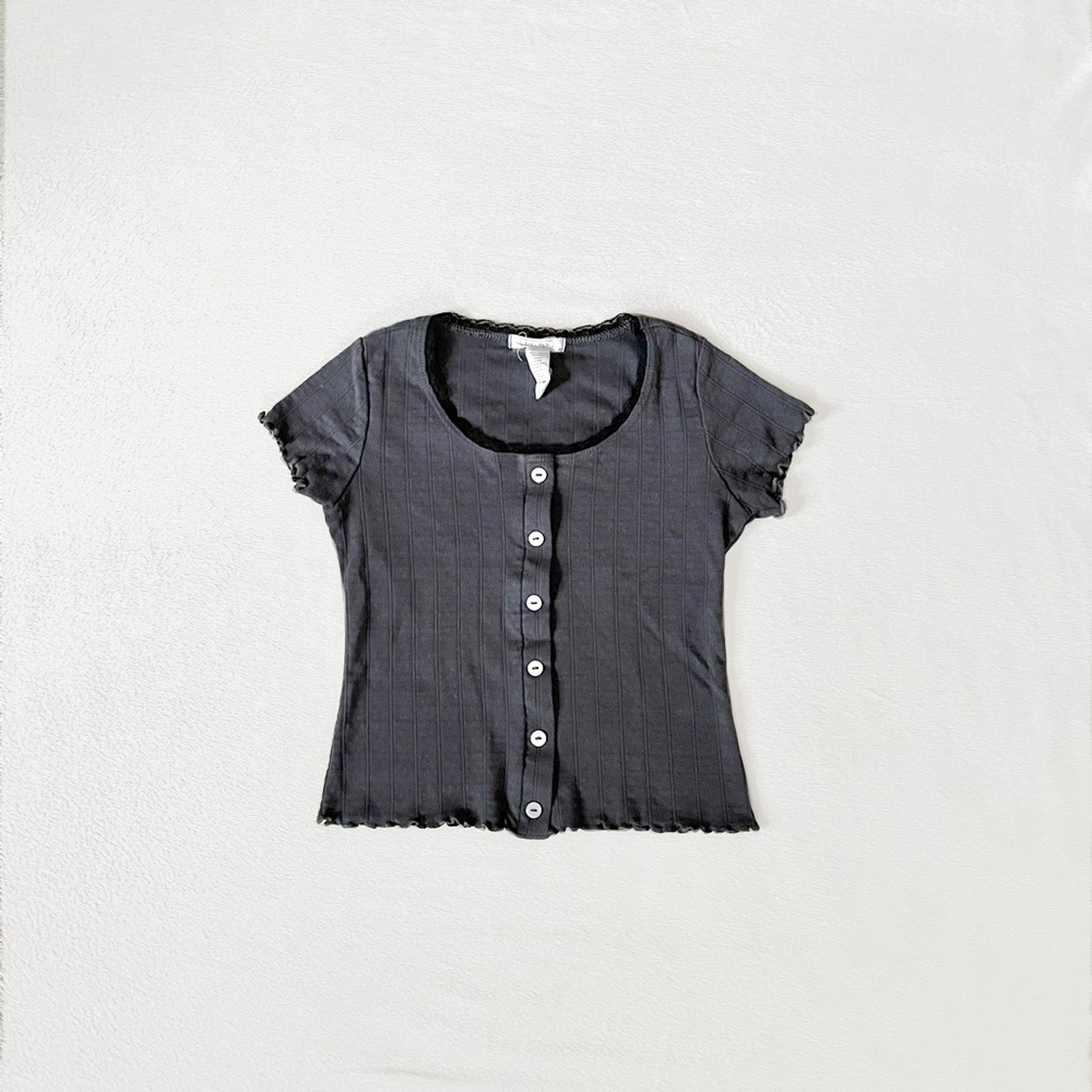 Full Tilt Tilly’s Grey Black Button-Up Lace Crop Top Blouse, Girls’ Medium (8)